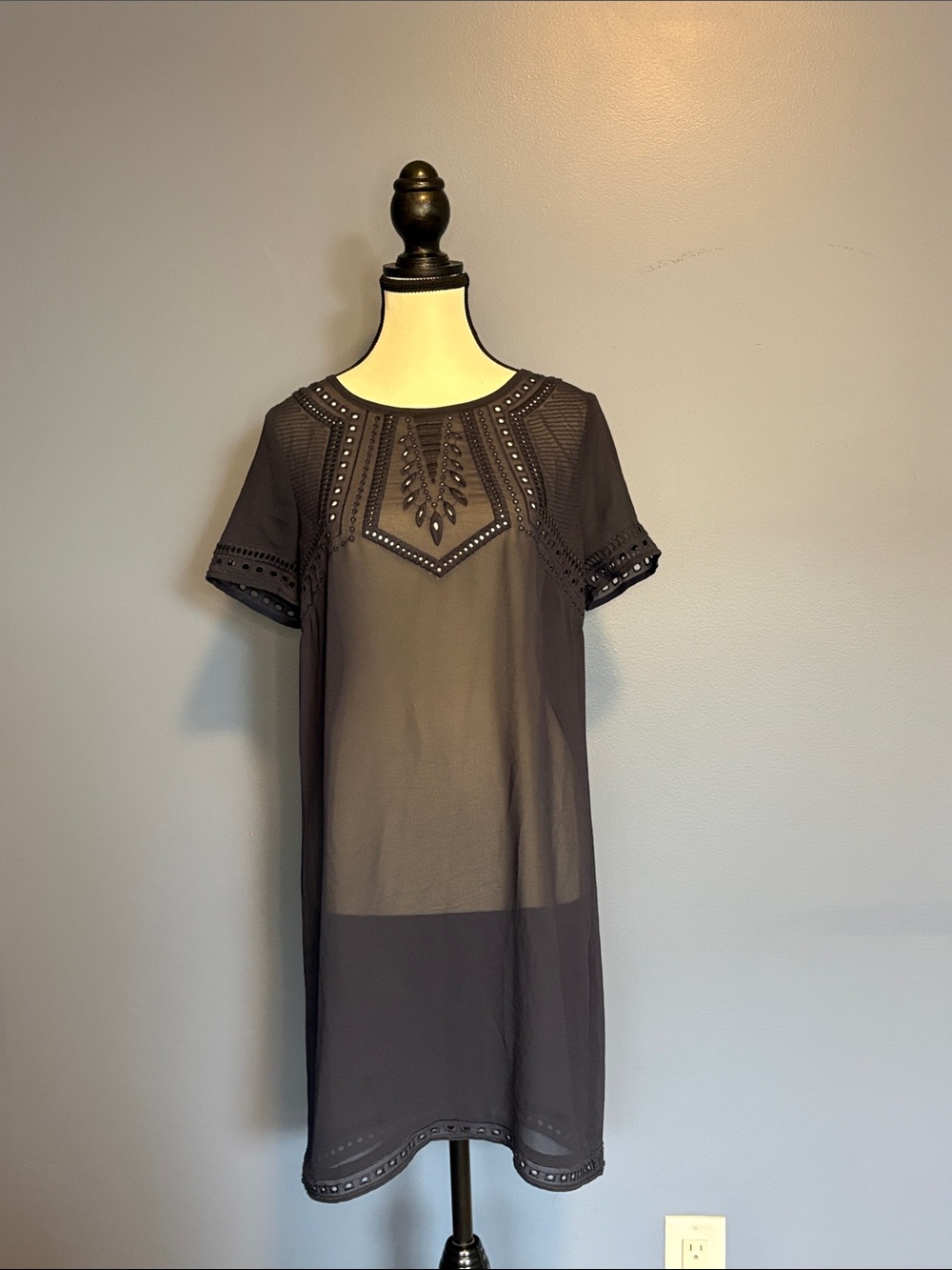 H&M Navy Sheer Embroidered Short Sleeve Coverup | Size 6